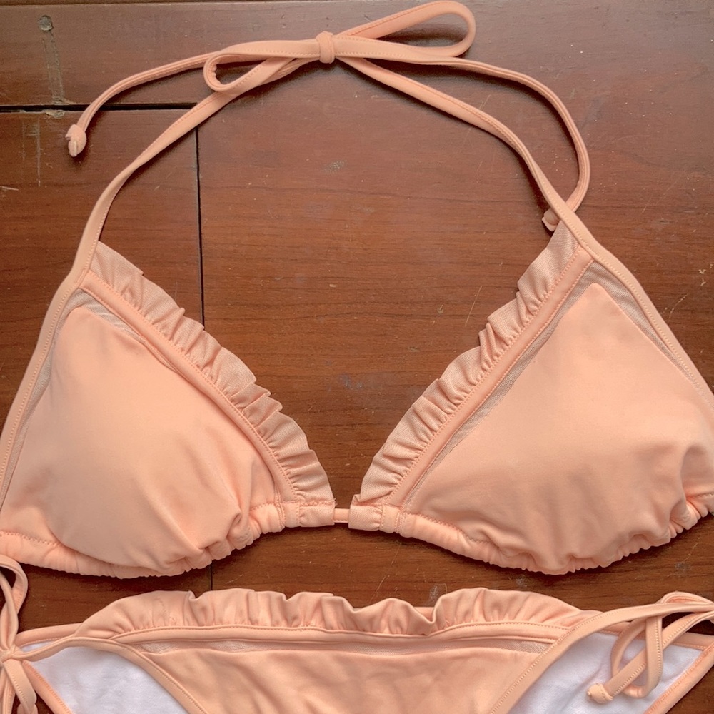 Victoria’s Secret peach pink mesh & ruffles bikini set
